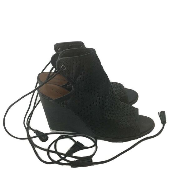 Lucky Brand Black Leather Wedge Booties Ankle Wrap - Picture 1 of 10